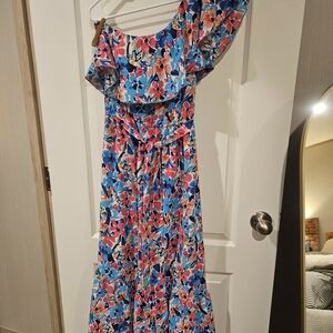 BTFBM One Shoulder Bright Floral Maxi Ruffle Summer Dress